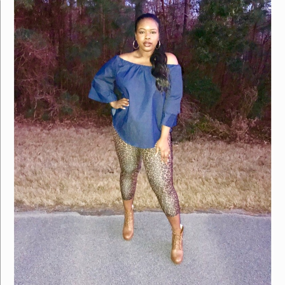 Denim Off The Shoulder Top 3/4 Puff Sleeve L-3XL